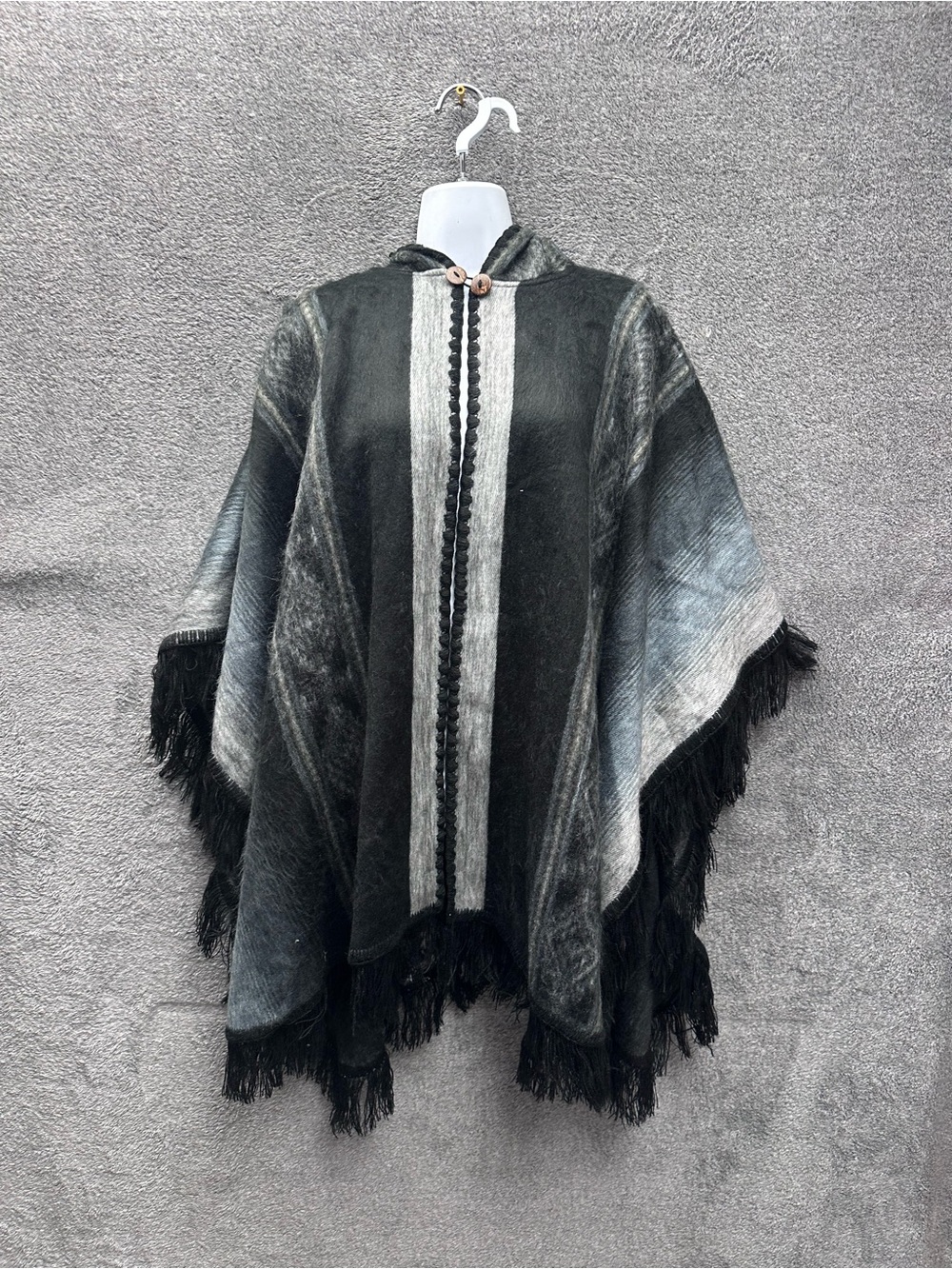 Native Hooded Poncho Cape in Black and Gray Ombre